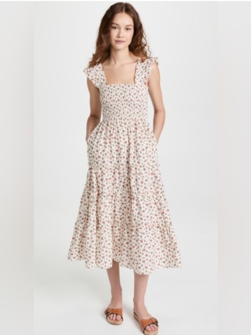 O.P.T. Smocked Floral Midi Dress Pink Ditzy Print Tiered Dress Pockets Size L - Picture 8 of 9
